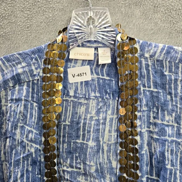 Chico's Women Top 2 Blue Tie Dye Shibori Gold Sequin Kimono Handkerchief‎ - Picture 4 of 9